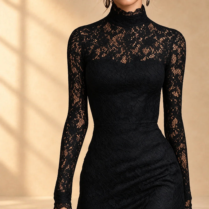 Arabella™ | Black evening dress with mock neck and long sleeves