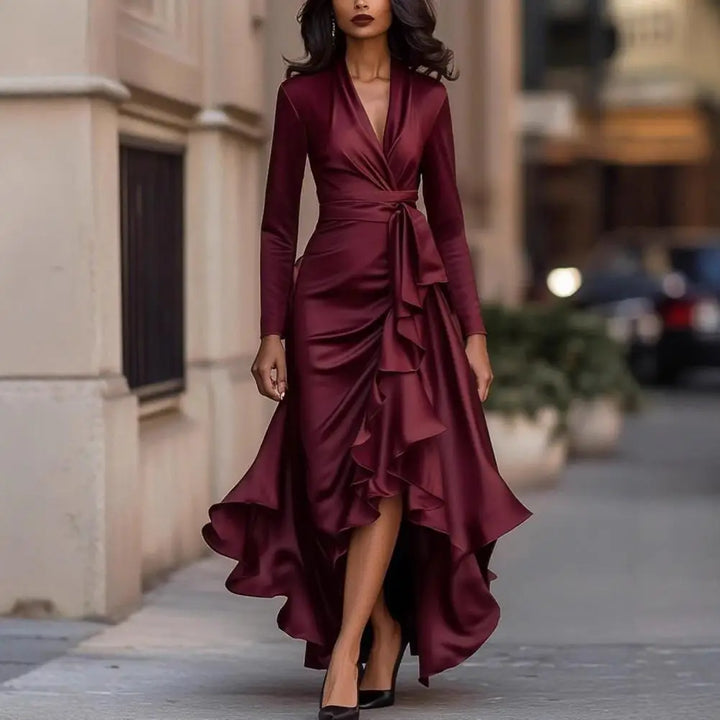 Charlotte™ | Long-sleeve evening dress with ruched V-neck bodice