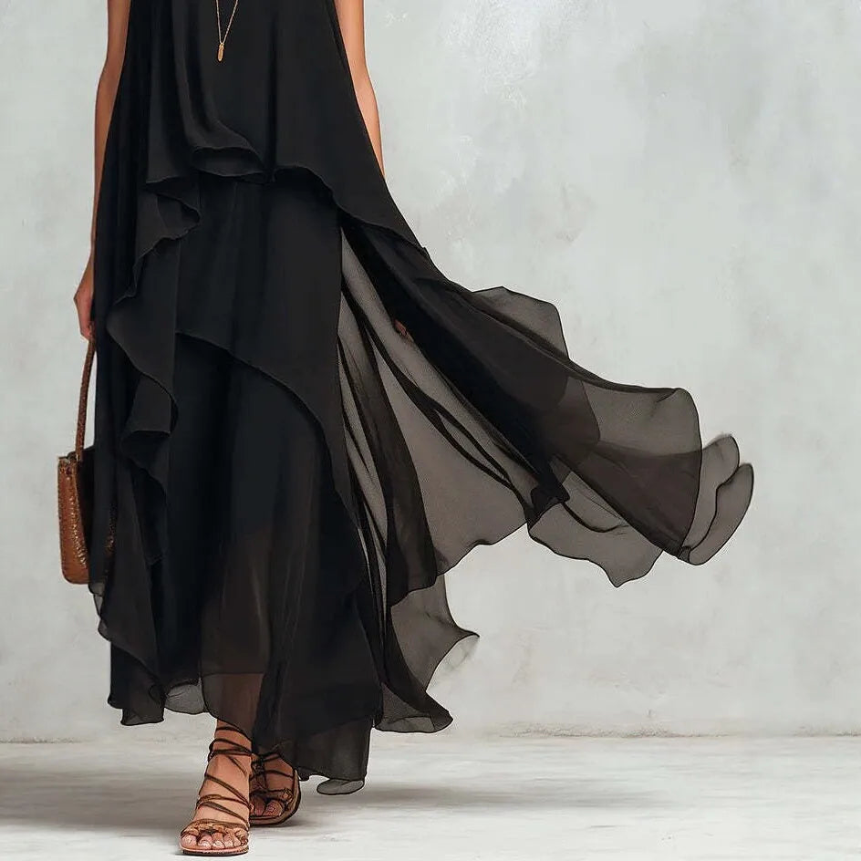 Anabel™ | Black chiffon dress with irregular hem and sleeveless cut