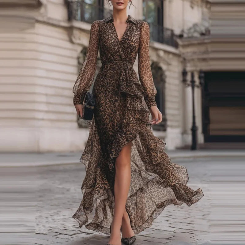 Savannah™ | Leopard print maxi dress with long sleeves and high waist