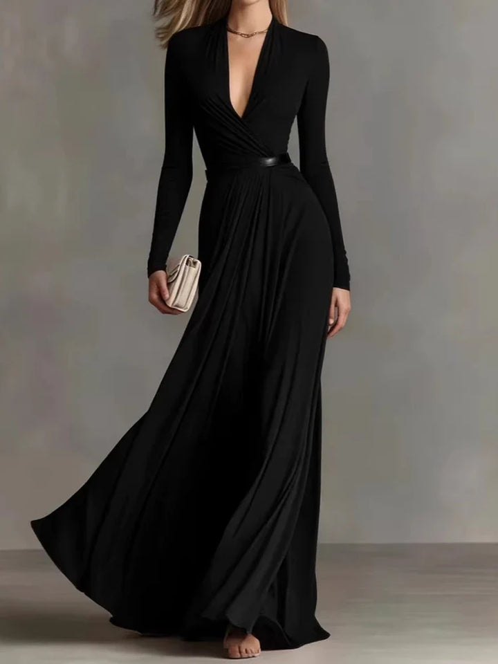 Marguerite™ | Apricot maxi dress with deep V-neck and long sleeves