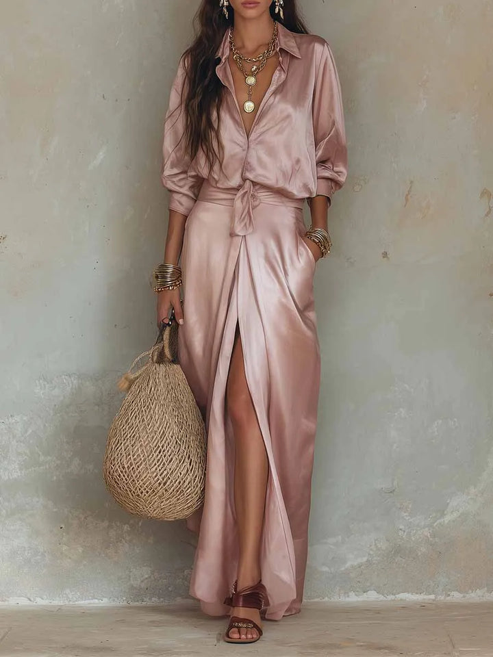 Hope™ | Two-piece satin set with button shirt and lace-up maxi skirt