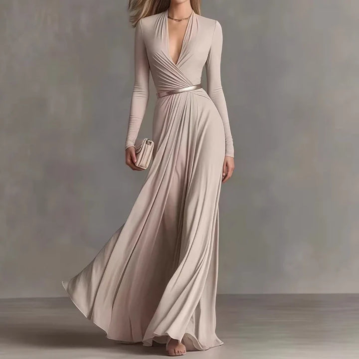 Marguerite™ | Apricot maxi dress with deep V-neck and long sleeves
