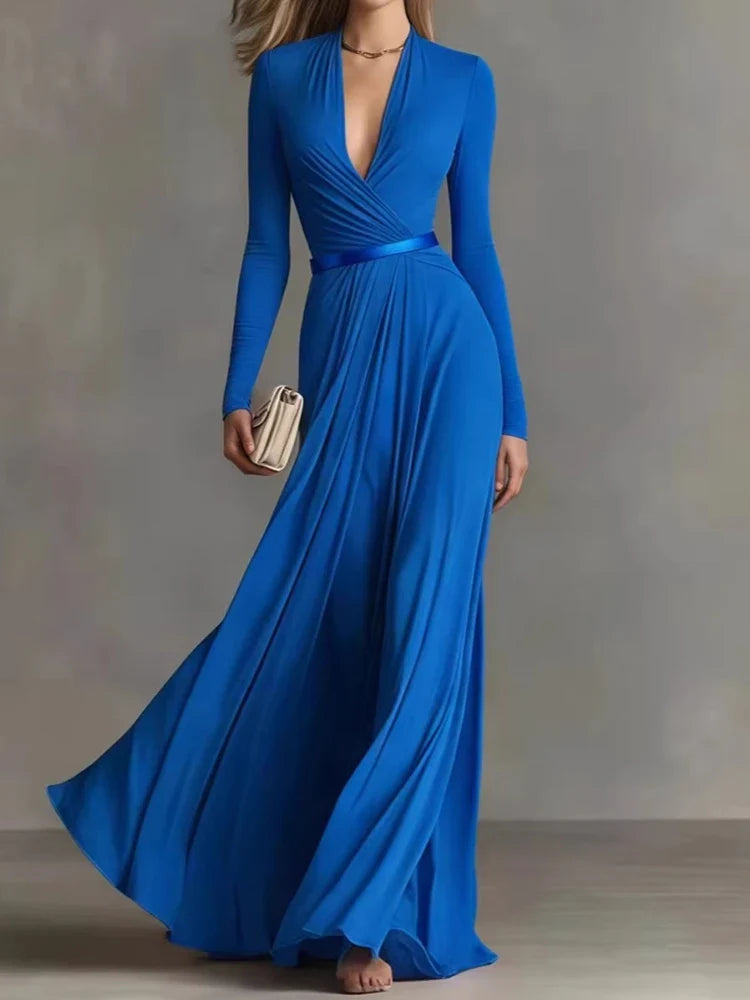 Marguerite™ | Apricot maxi dress with deep V-neck and long sleeves