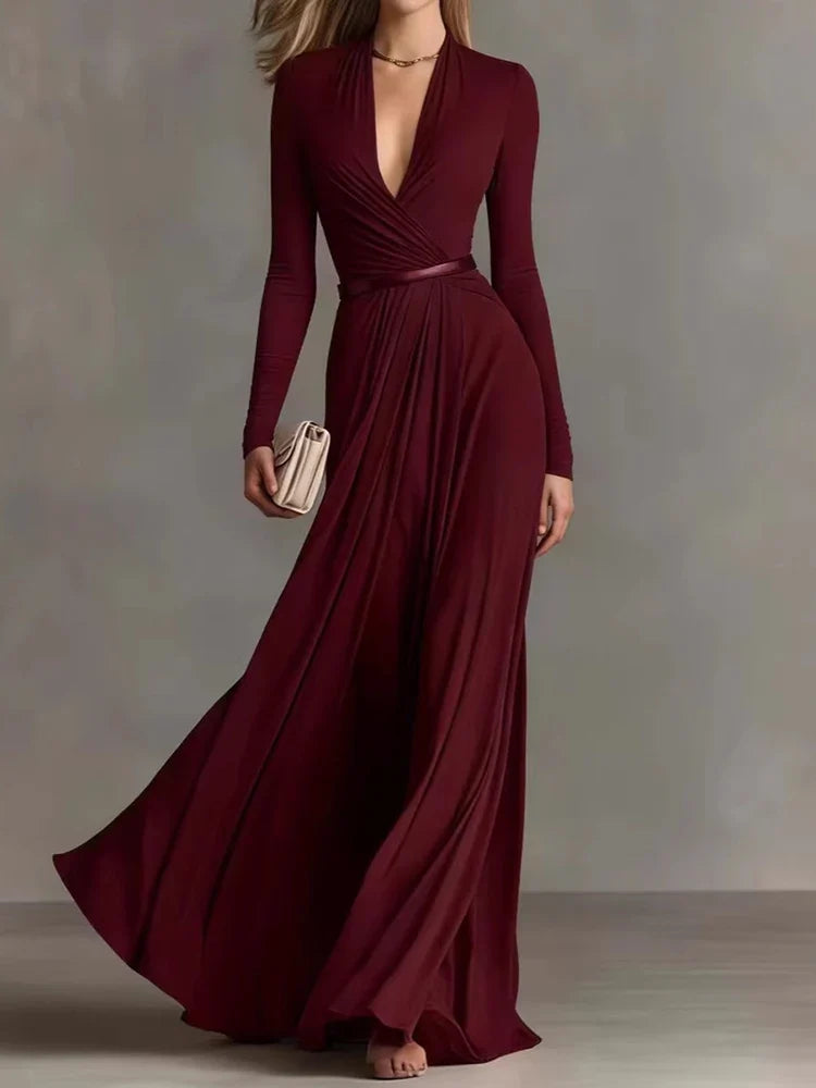Marguerite™ | Apricot maxi dress with deep V-neck and long sleeves