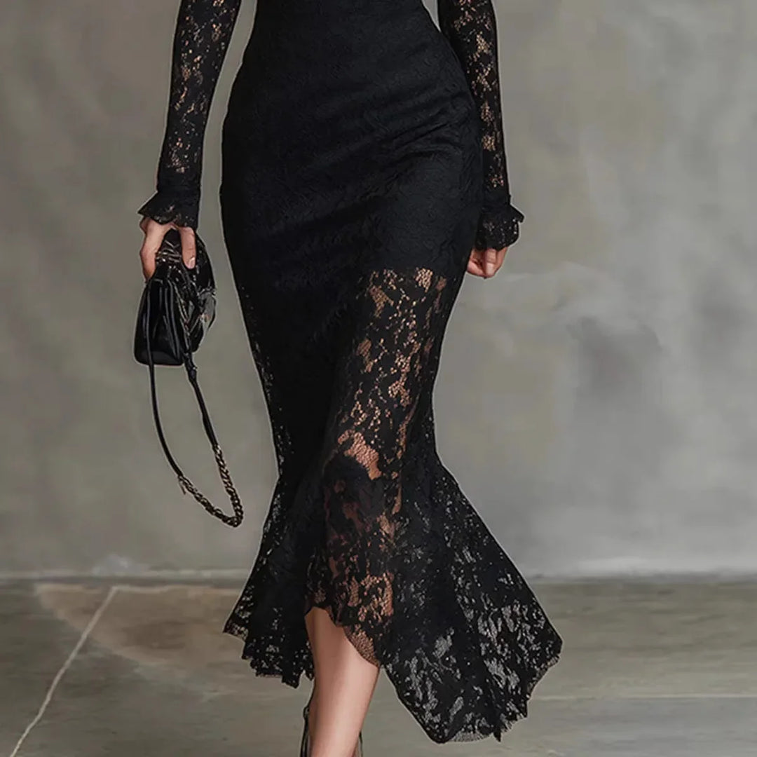 Godiva™ | Black lace evening dress with mock neck and long sleeves