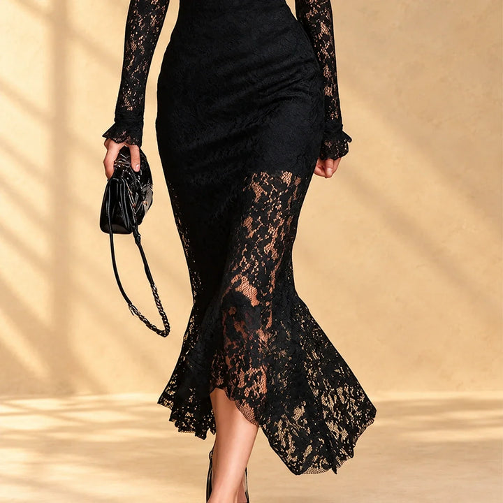 Arabella™ | Black evening dress with mock neck and long sleeves