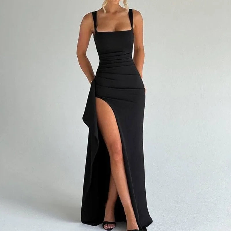 Anastasia™ | Black bodycon maxi dress with front slit and ruffle trim