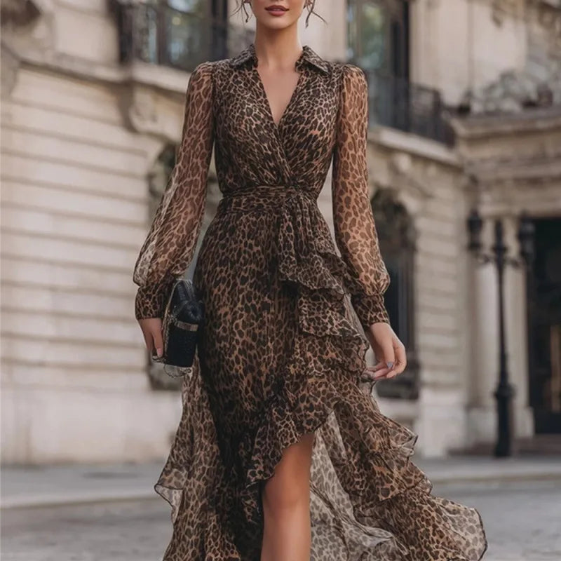 Savannah™ | Leopard print maxi dress with long sleeves and high waist