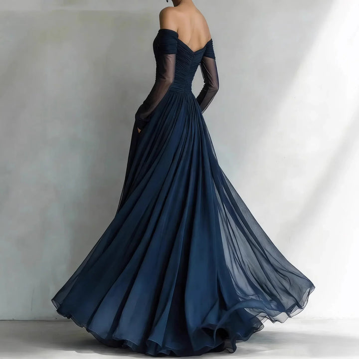 Scarlett™ | Navy tulle gown with off-shoulder sleeves and pleated skirt