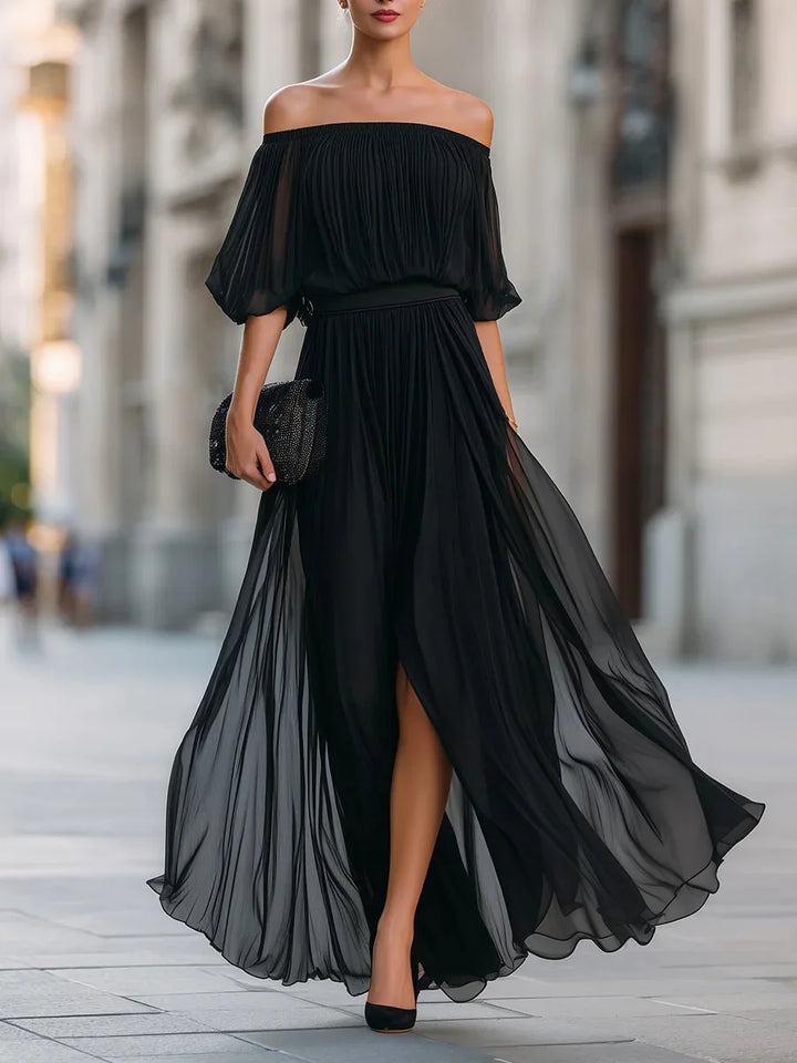 Henrietta™ | Off-shoulder chiffon dress with ruched skirt and side slit