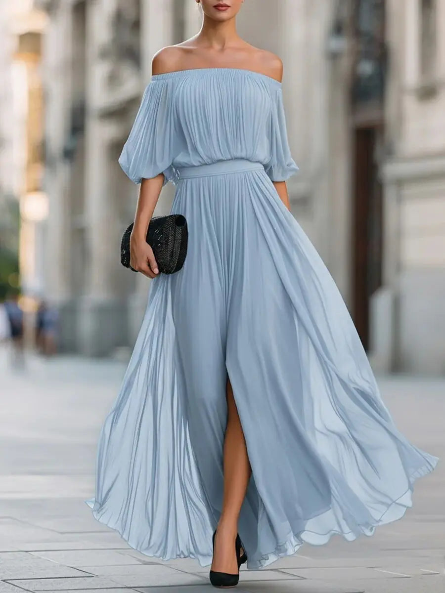 Henrietta™ | Off-shoulder chiffon dress with ruched skirt and side slit