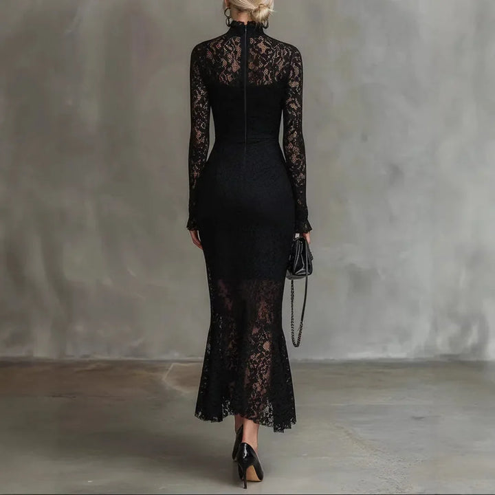 Godiva™ | Black lace evening dress with mock neck and long sleeves