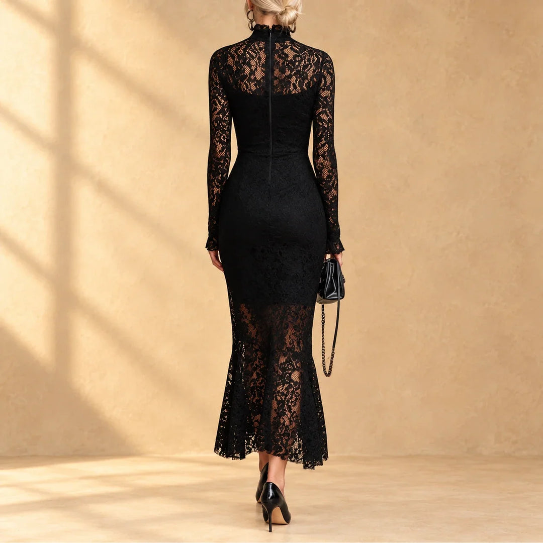 Arabella™ | Black evening dress with mock neck and long sleeves