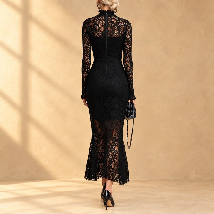 Arabella™ | Black evening dress with mock neck and long sleeves