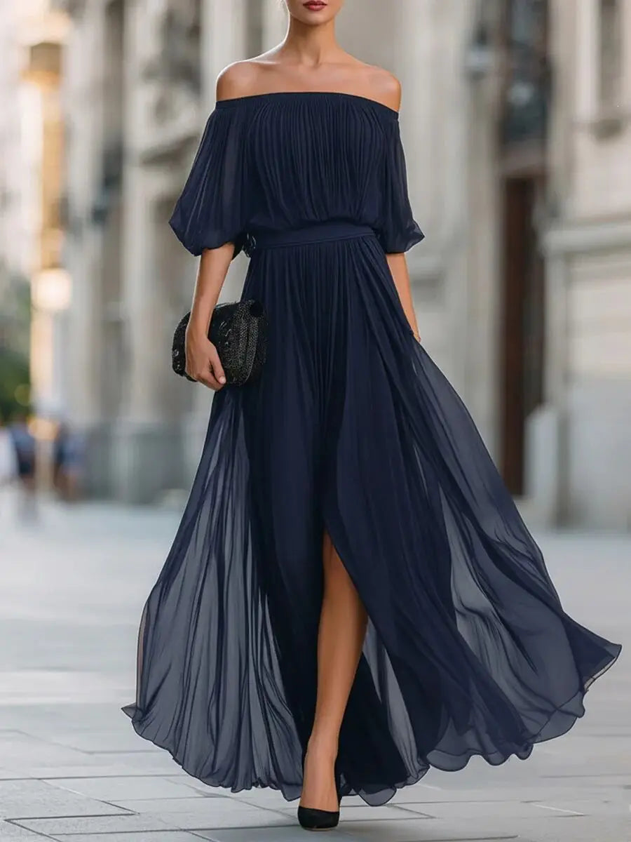 Henrietta™ | Off-shoulder chiffon dress with ruched skirt and side slit
