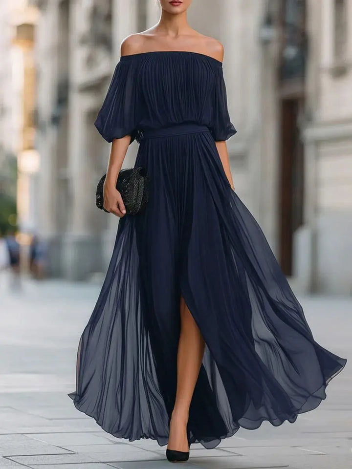 Henrietta™ | Off-shoulder chiffon dress with ruched skirt and side slit