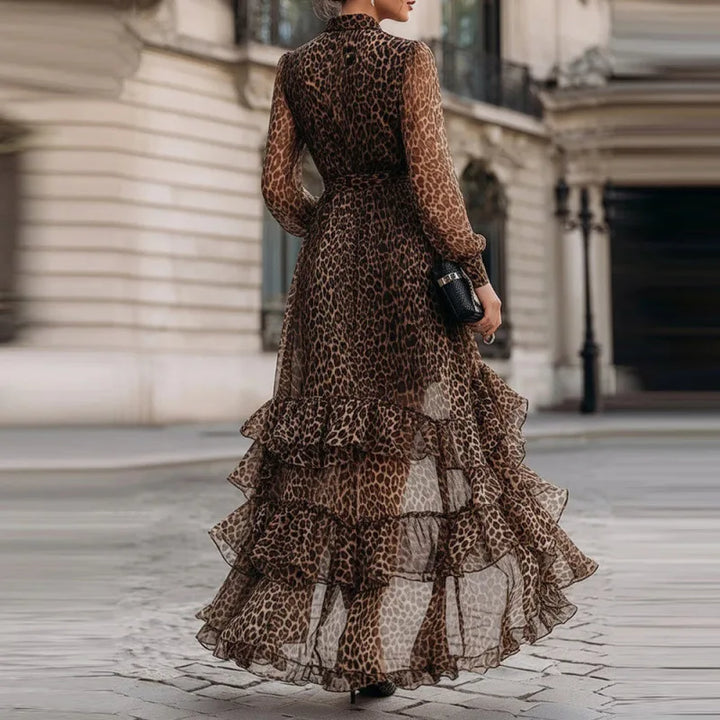 Savannah™ | Leopard print maxi dress with long sleeves and high waist