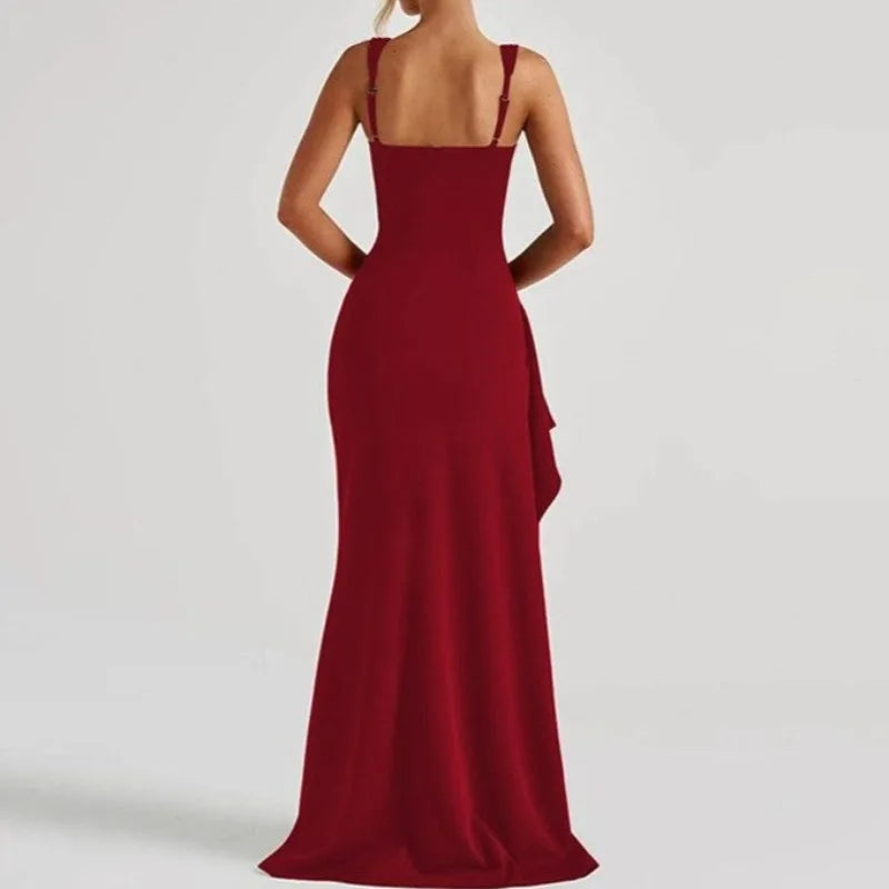 Anastasia™ | Black bodycon maxi dress with front slit and ruffle trim