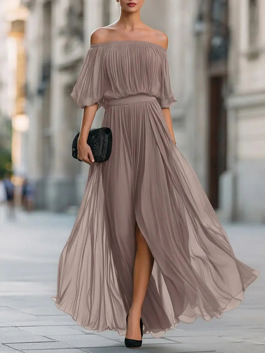 Henrietta™ | Off-shoulder chiffon dress with ruched skirt and side slit