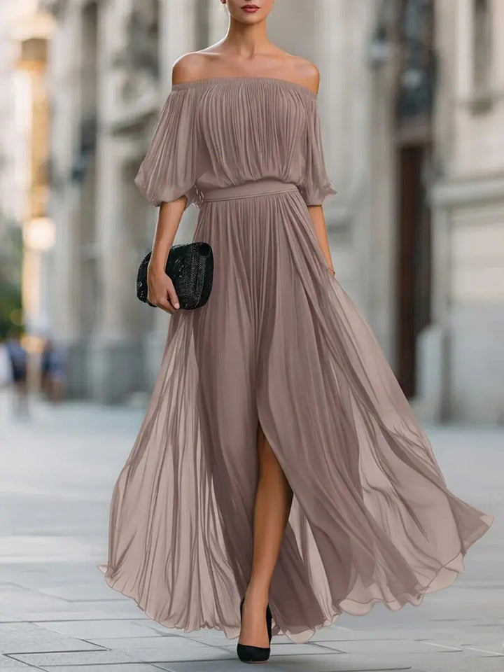 Henrietta™ | Off-shoulder chiffon dress with ruched skirt and side slit