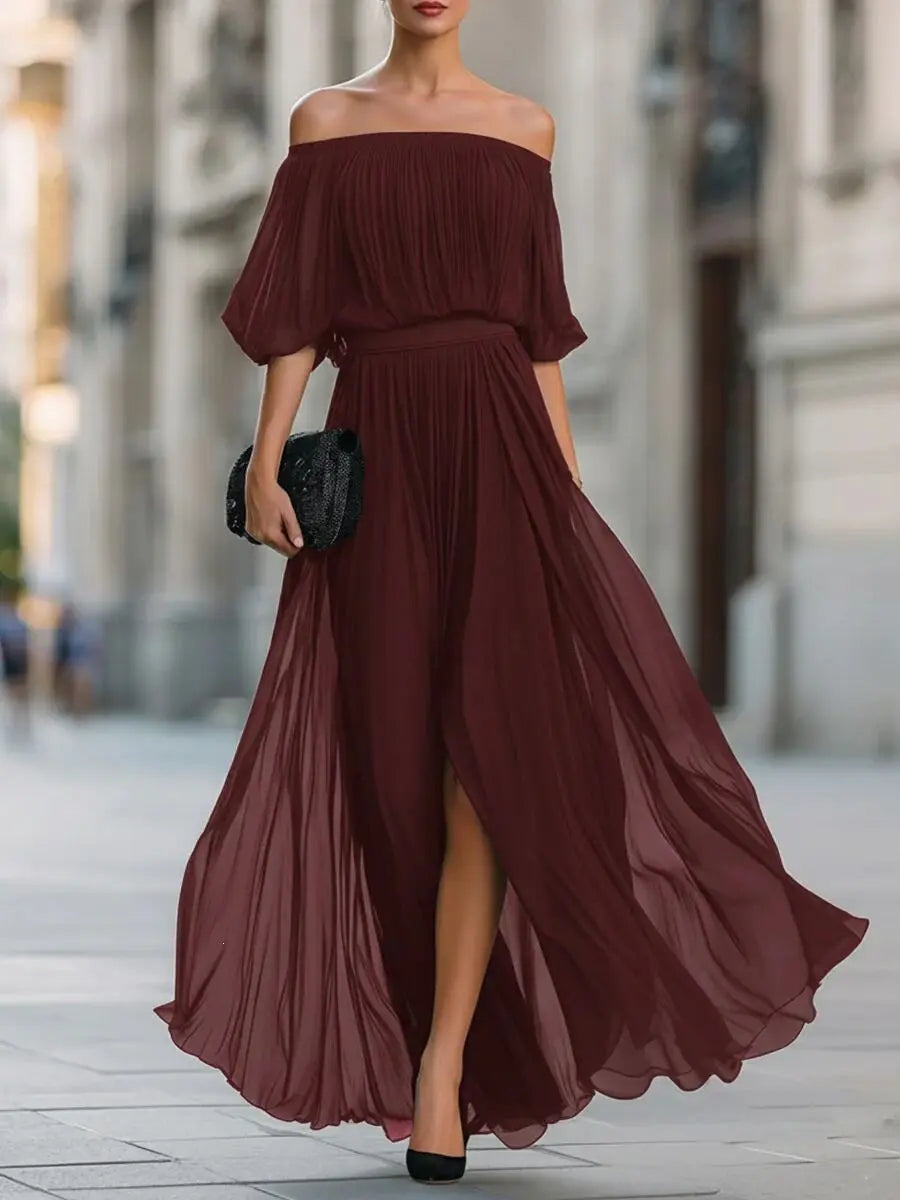Henrietta™ | Off-shoulder chiffon dress with ruched skirt and side slit