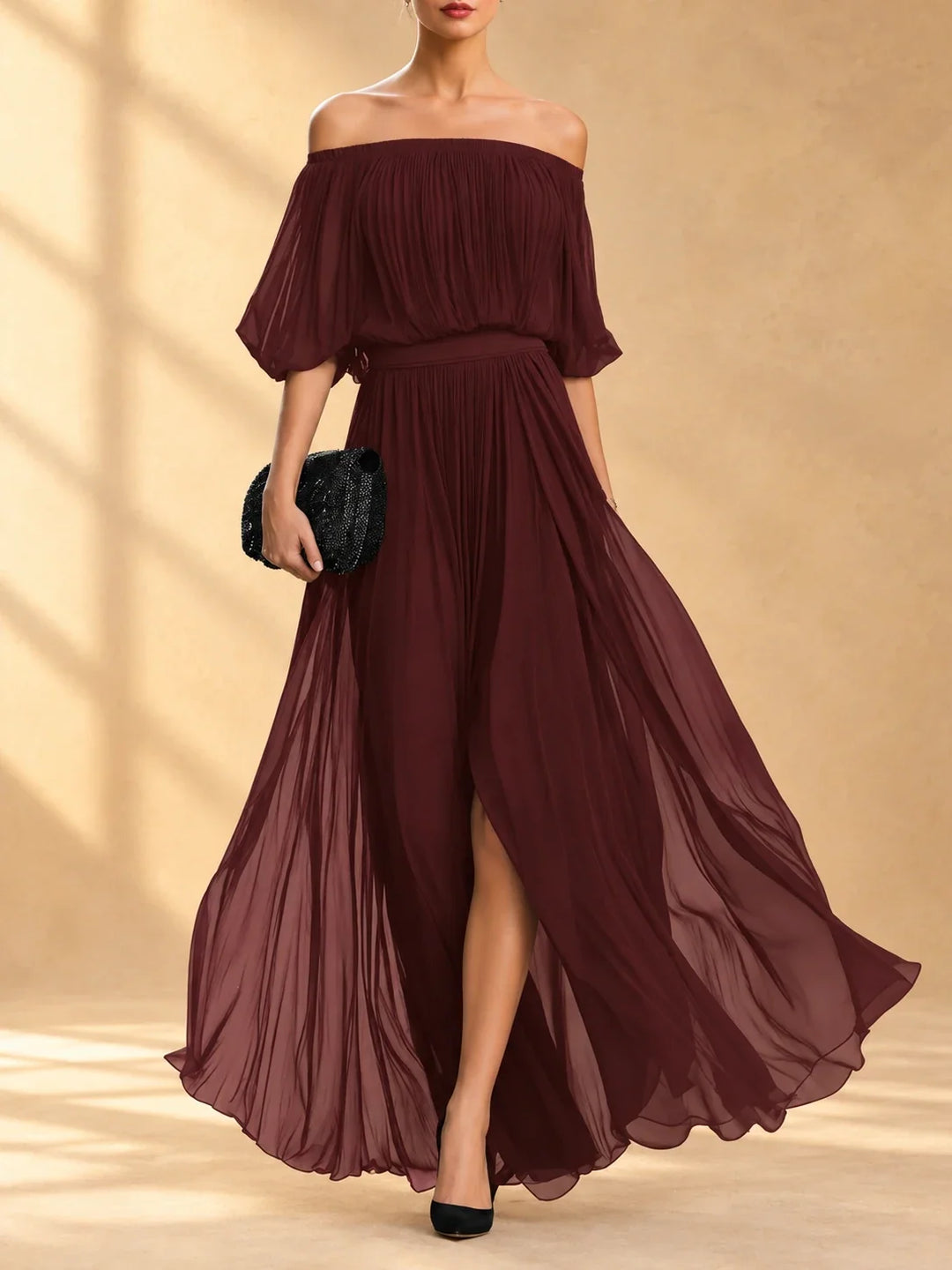 Genevieve™ | Off-shoulder maxi dress with flowing skirt