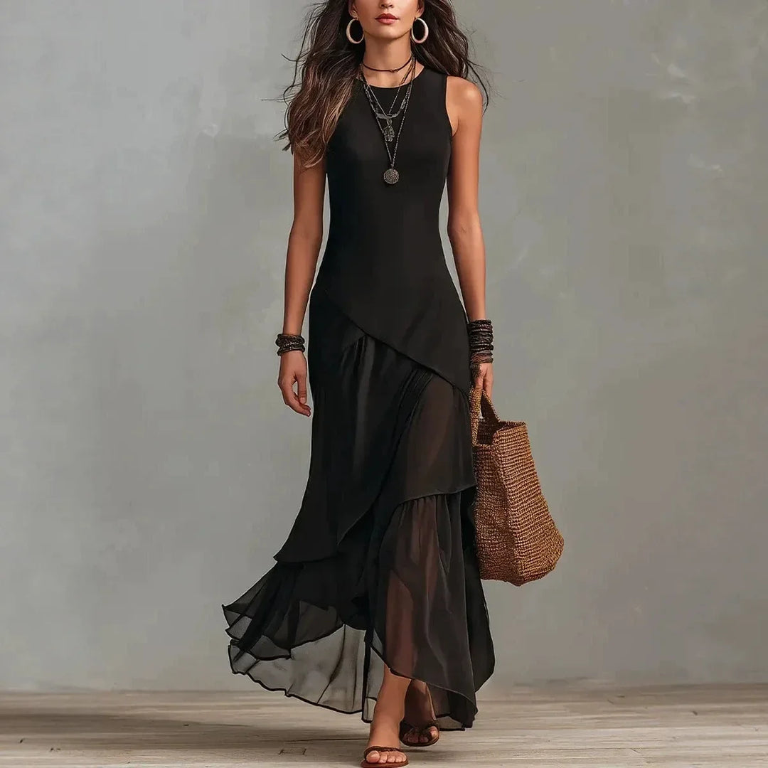 Cecelia™ | Black chiffon dress with ruffle trim and layered hem