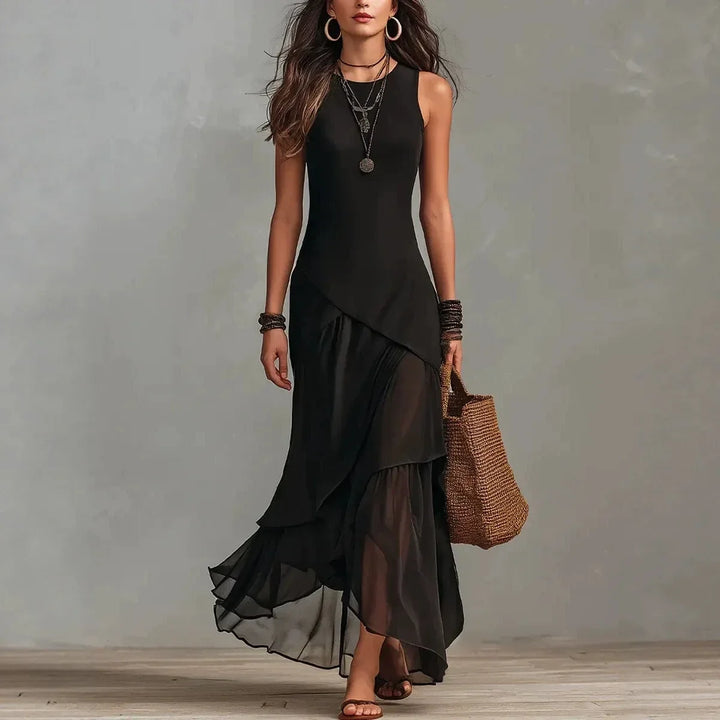Cecelia™ | Black chiffon dress with ruffle trim and layered hem