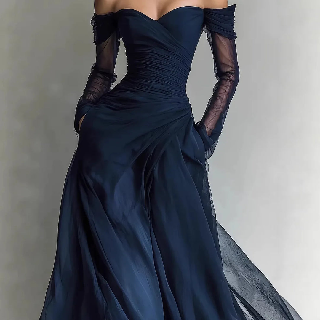 Scarlett™ | Navy tulle gown with off-shoulder sleeves and pleated skirt