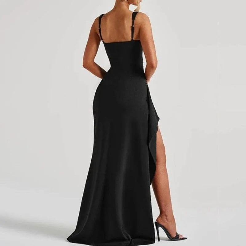 Anastasia™ | Black bodycon maxi dress with front slit and ruffle trim
