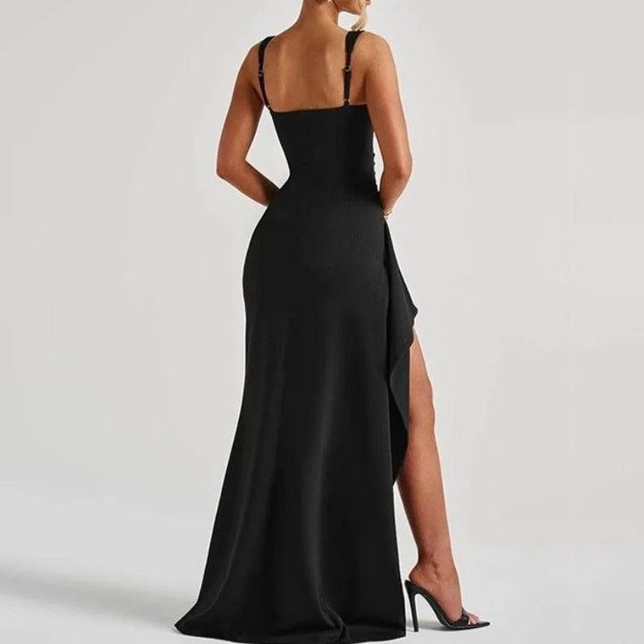 Anastasia™ | Black bodycon maxi dress with front slit and ruffle trim