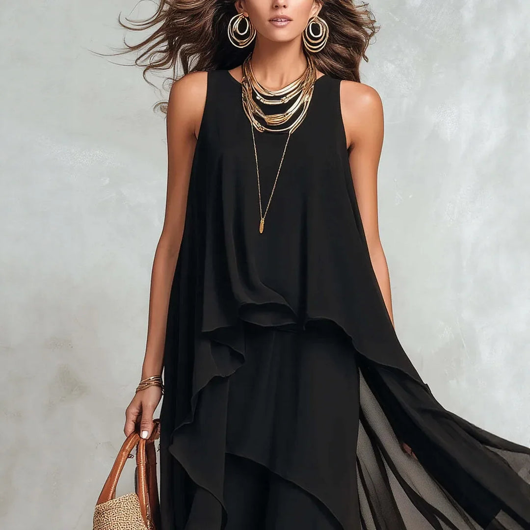Anabel™ | Black chiffon dress with irregular hem and sleeveless cut
