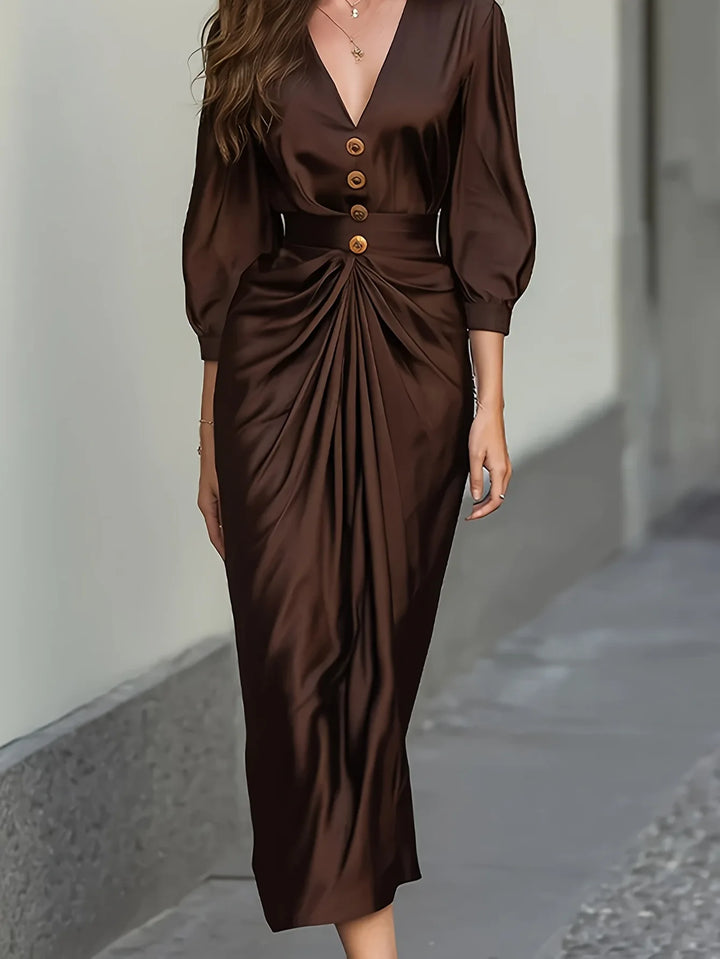 Hortense™ | Coffee-toned maxi dress with lantern sleeves and pleats