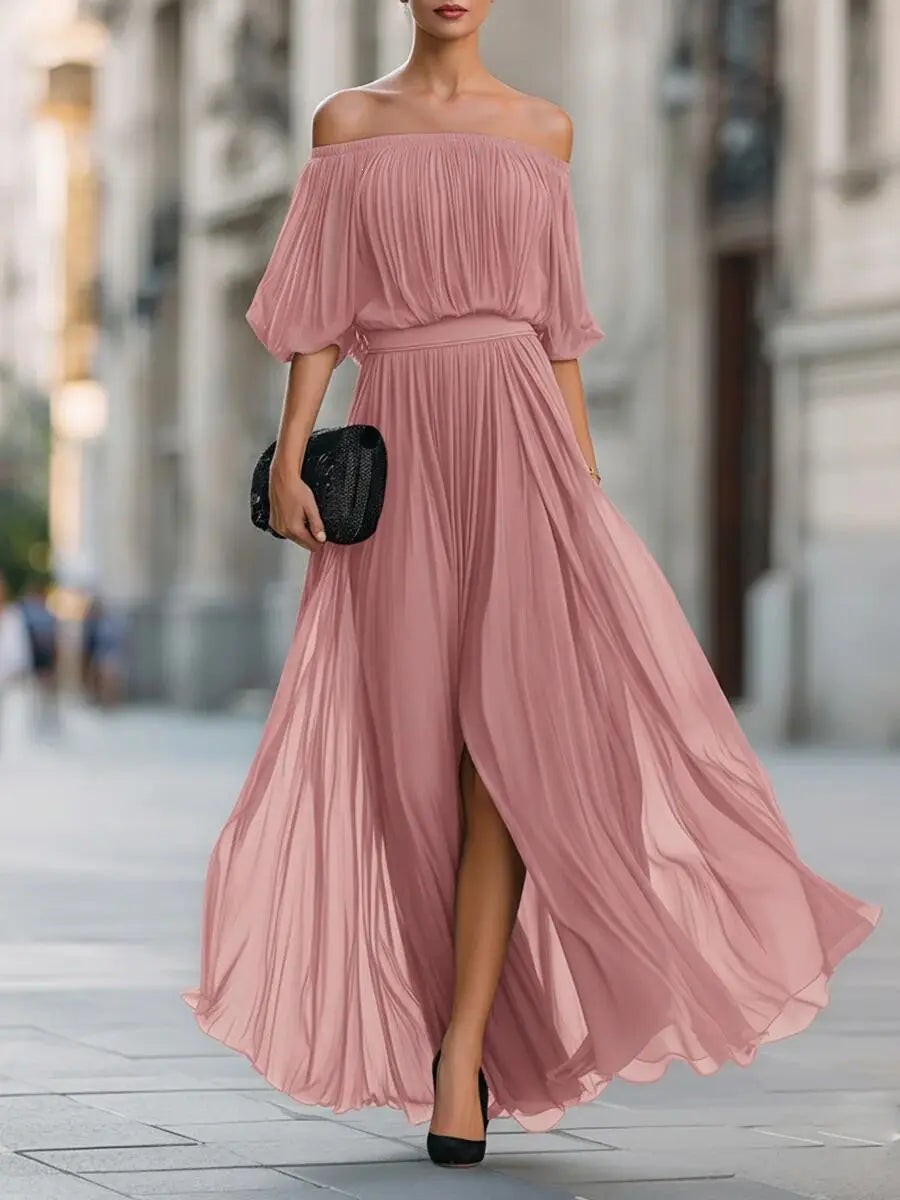 Henrietta™ | Off-shoulder chiffon dress with ruched skirt and side slit