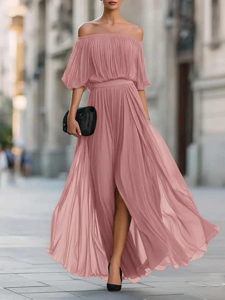 Henrietta™ | Off-shoulder chiffon dress with ruched skirt and side slit