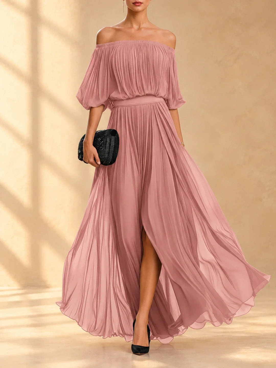 Genevieve™ | Off-shoulder maxi dress with flowing skirt