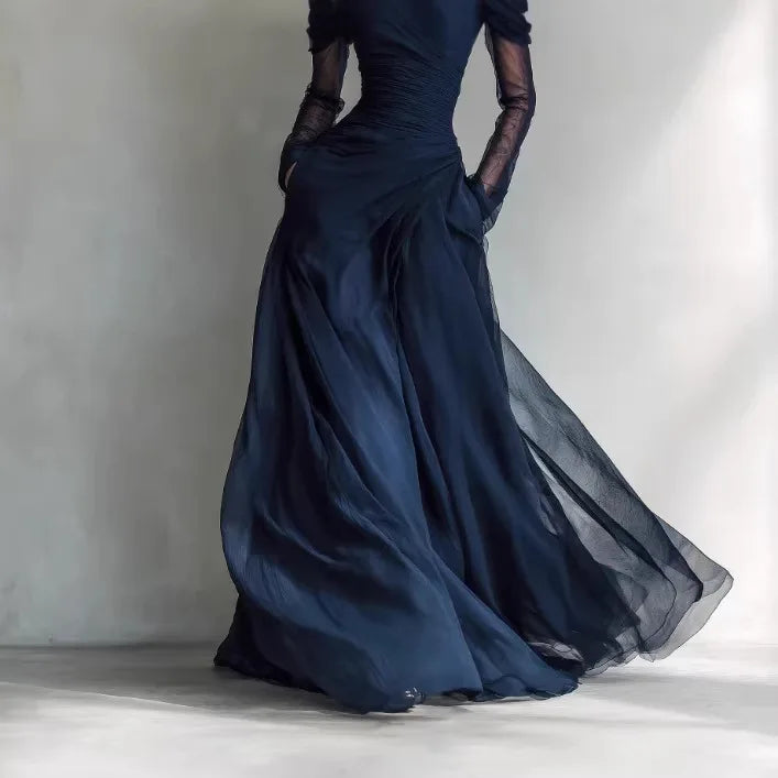 Scarlett™ | Navy tulle gown with off-shoulder sleeves and pleated skirt