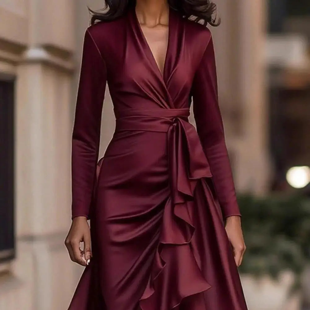 Charlotte™ | Long-sleeve evening dress with ruched V-neck bodice