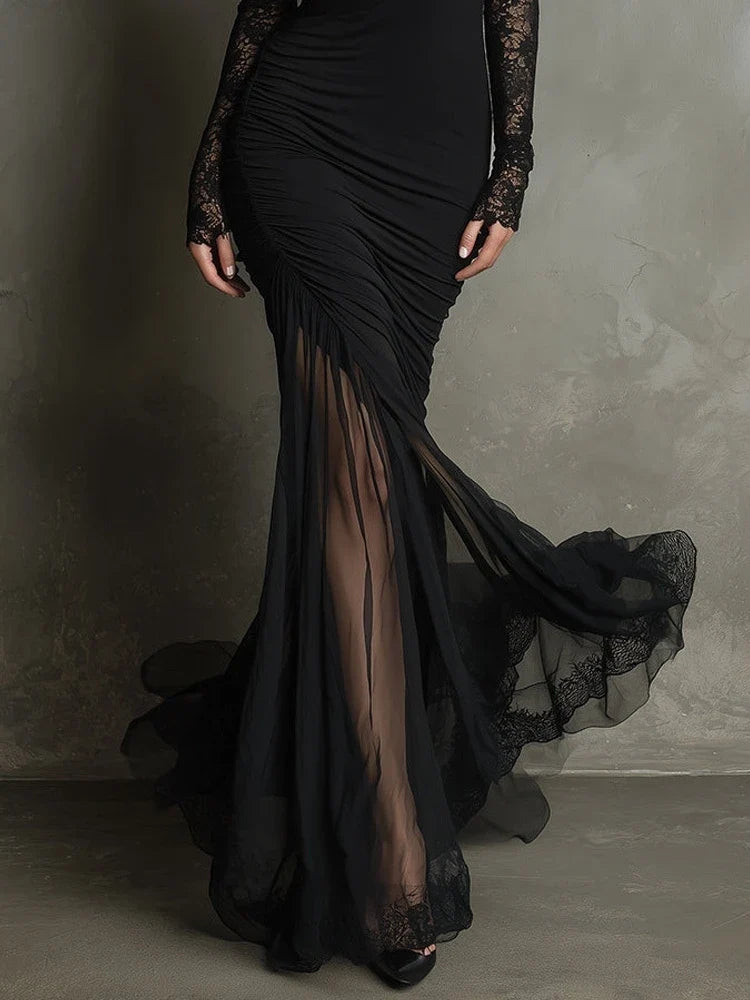 Gretchen™ | Black lace maxi dress with deep V-neck and mermaid skirt