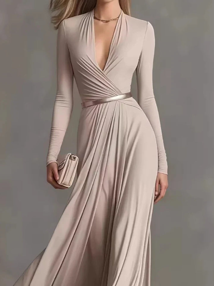 Marguerite™ | Apricot maxi dress with deep V-neck and long sleeves