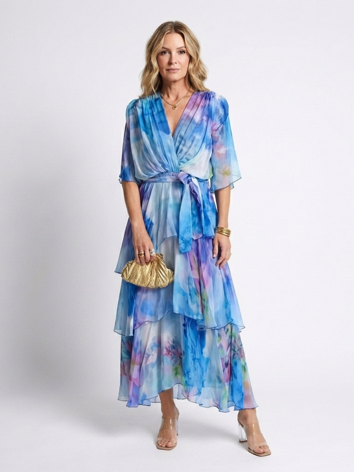Calista™ | Sheer Layered V Neck Tie Waist Maxi Dress