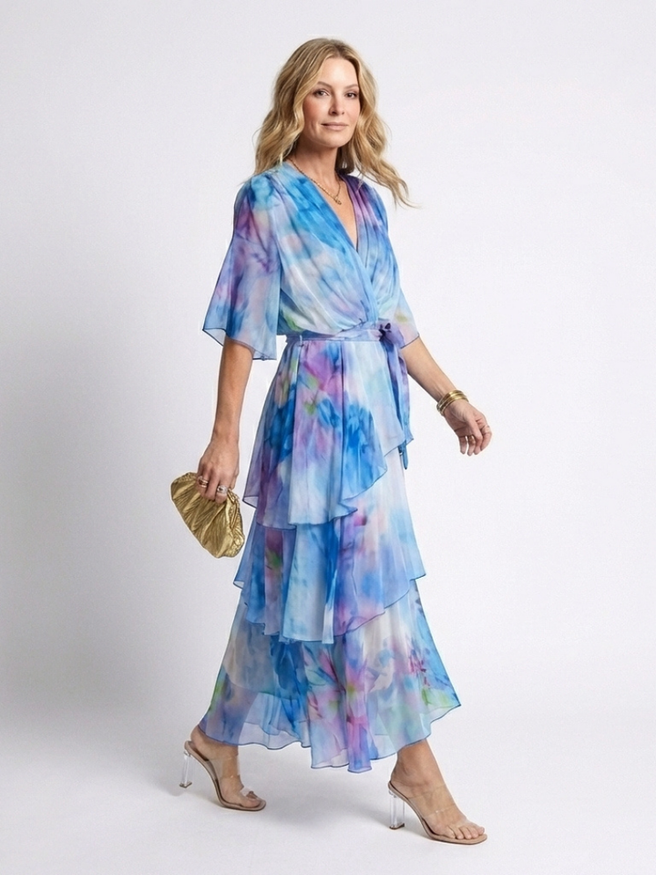Calista™ | Sheer Layered V Neck Tie Waist Maxi Dress