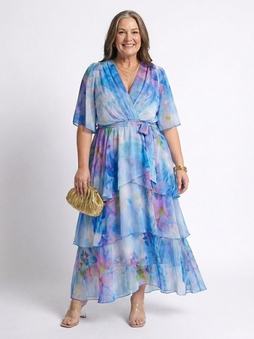 Calista™ | Sheer Layered V Neck Tie Waist Maxi Dress