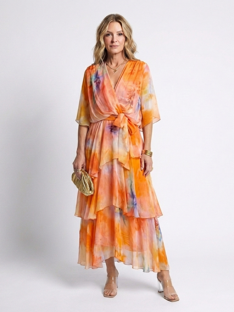 Calista™ | Sheer Layered V Neck Tie Waist Maxi Dress