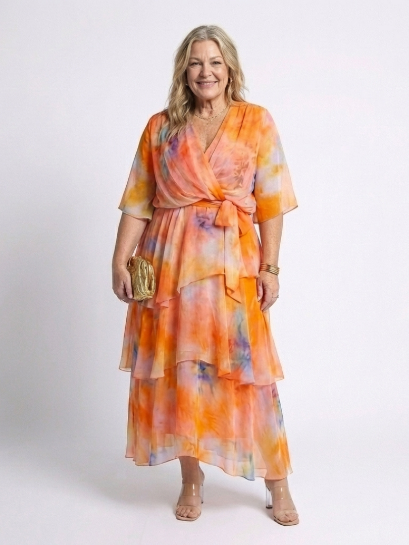 Calista™ | Sheer Layered V Neck Tie Waist Maxi Dress