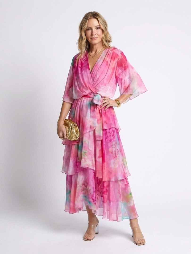 Calista™ | Sheer Layered V Neck Tie Waist Maxi Dress