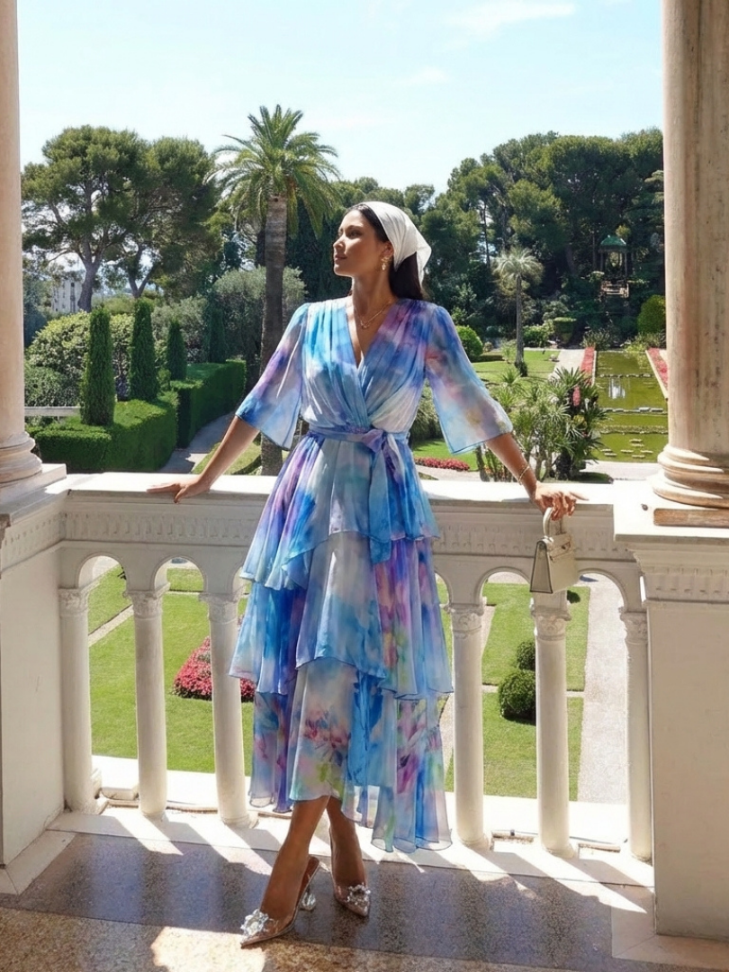 Calista™ | Sheer Layered V Neck Tie Waist Maxi Dress