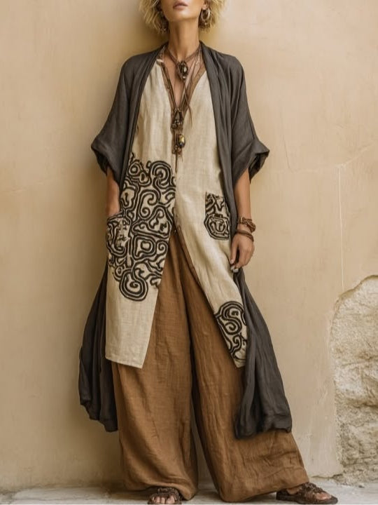 Sophie | Dark Gray &amp; Brown Tribal Print Three-Piece Set