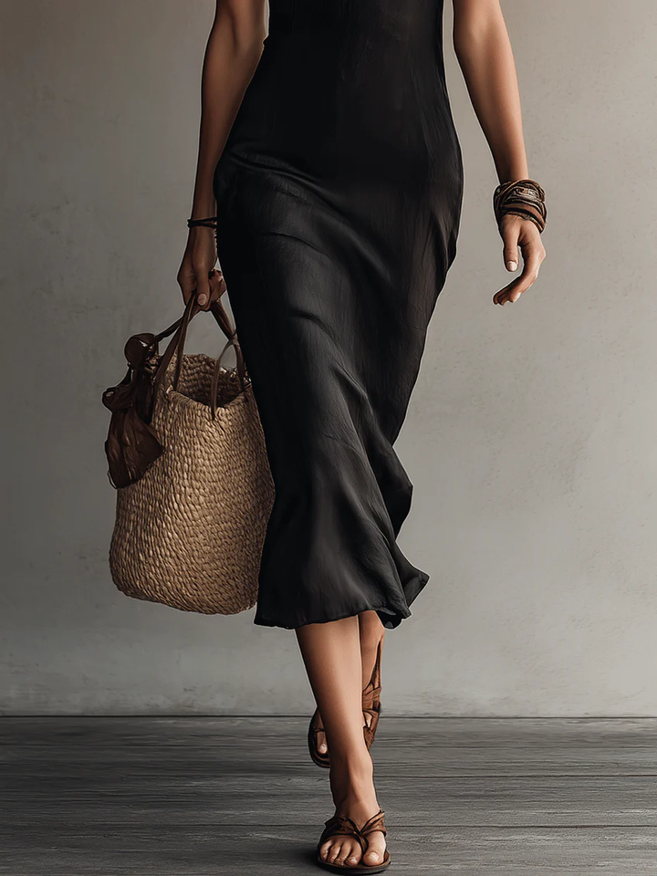 Adriana™ | Midi black sleeveless dress with V-neck and lace edges